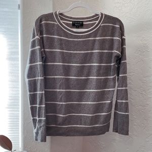 Gray & White Striped Merino Wool Blend Crewneck Sweater